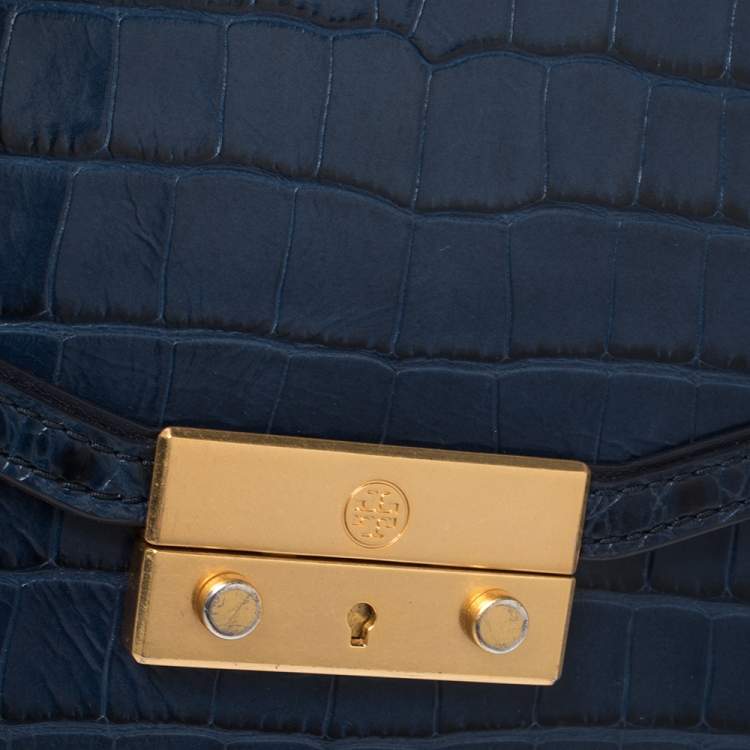 Pre Owned Tory Burch Blue Crocodile Embossed Leather Mini Juliette Top Handle Bag