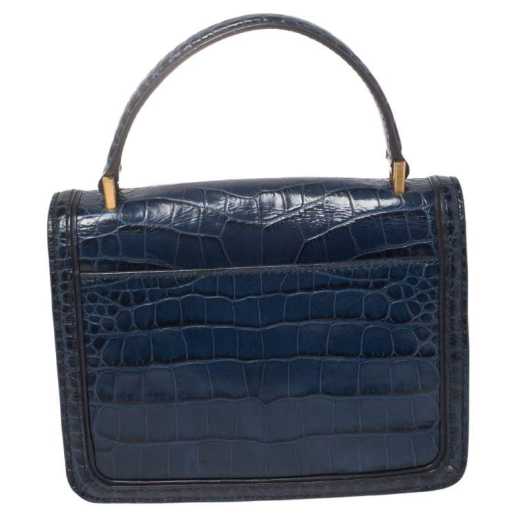 Pre Owned Tory Burch Blue Crocodile Embossed Leather Mini Juliette Top Handle Bag