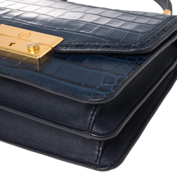 Pre Owned Tory Burch Blue Crocodile Embossed Leather Mini Juliette Top Handle Bag