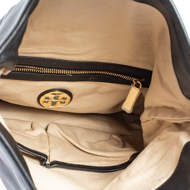 Pre Owned Tory Burch Black Leather Fold Over Messenger  Bag