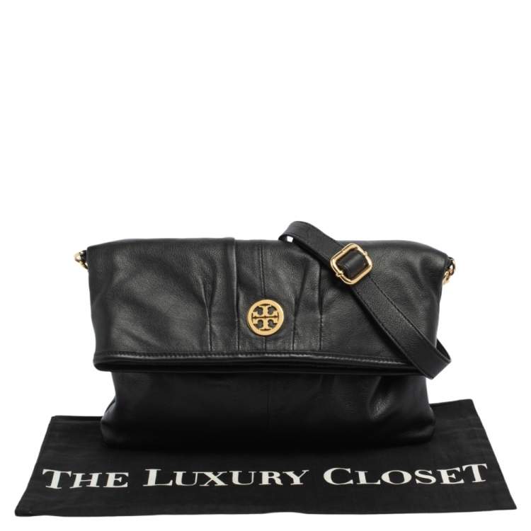 Pre Owned Tory Burch Black Leather Fold Over Messenger  Bag
