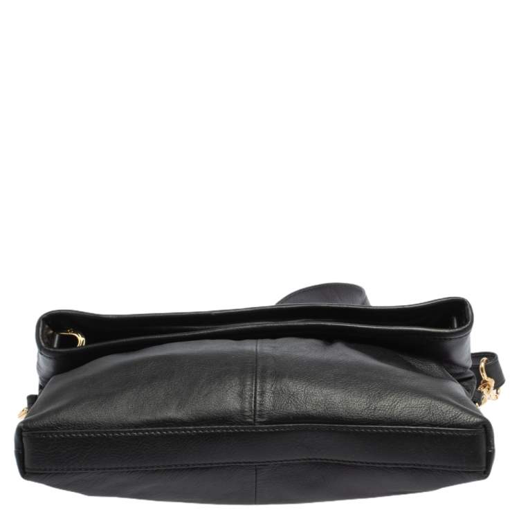 Pre Owned Tory Burch Black Leather Fold Over Messenger  Bag