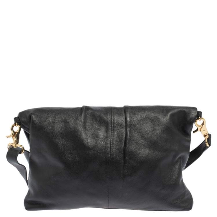 Pre Owned Tory Burch Black Leather Fold Over Messenger  Bag