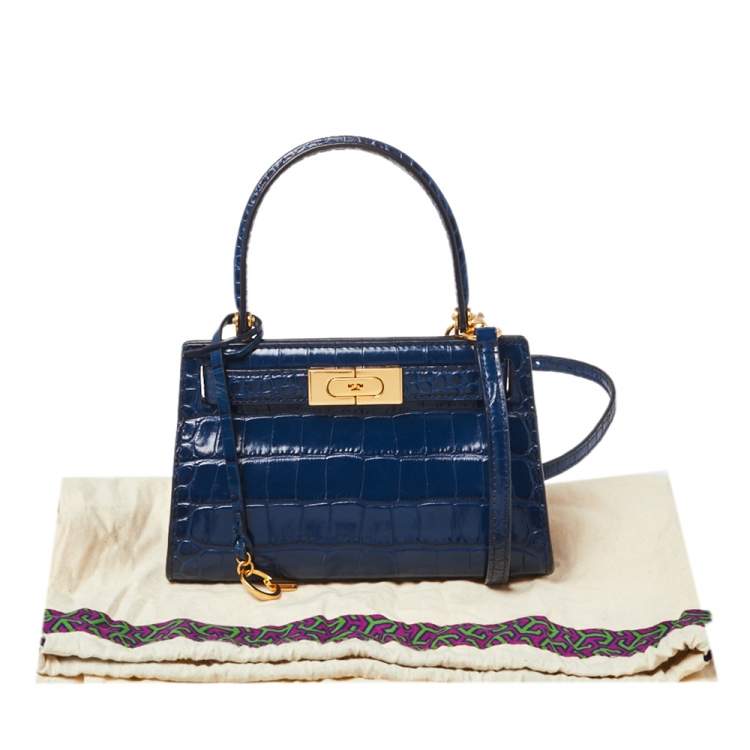 Pre Owned Tory Blue Croc Embossed Leather Petite Lee Radziwill Top Handle Bag