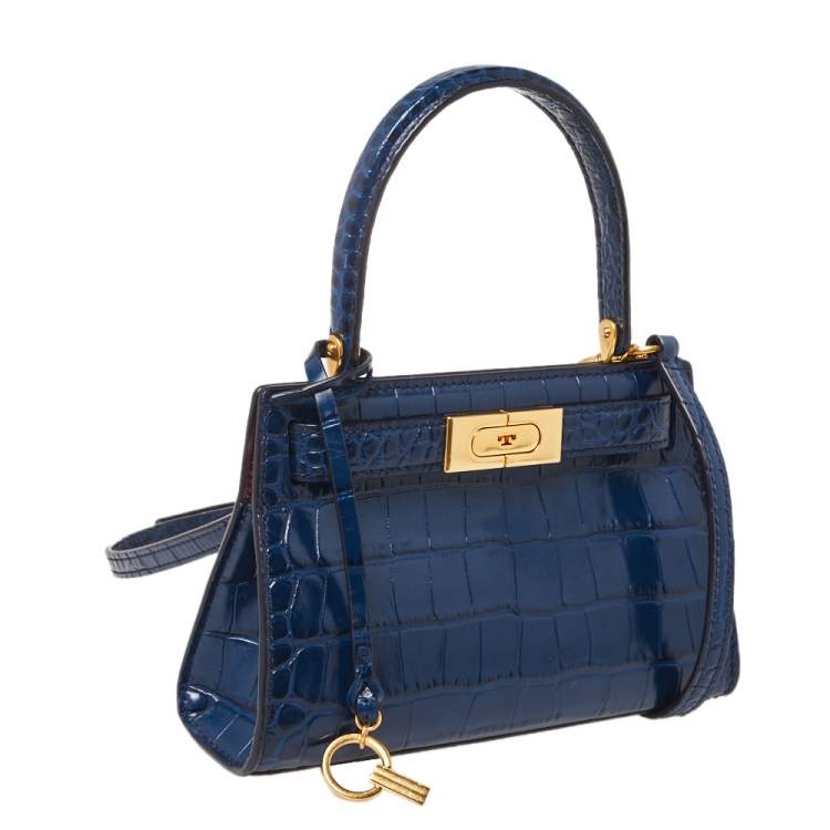 Pre Owned Tory Blue Croc Embossed Leather Petite Lee Radziwill Top Handle Bag