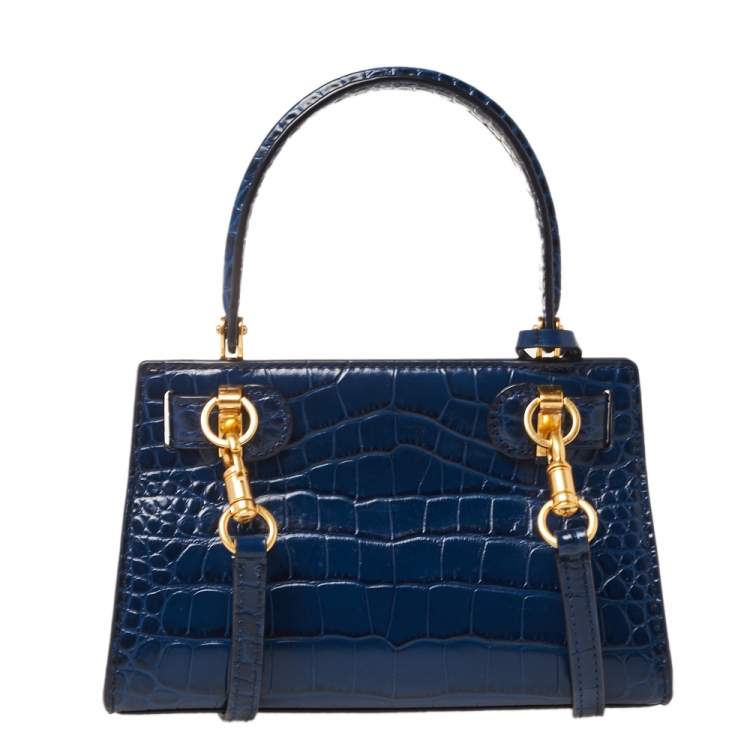 Pre Owned Tory Blue Croc Embossed Leather Petite Lee Radziwill Top Handle Bag