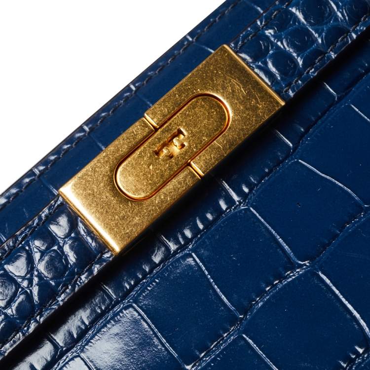 Pre Owned Tory Blue Croc Embossed Leather Petite Lee Radziwill Top Handle Bag