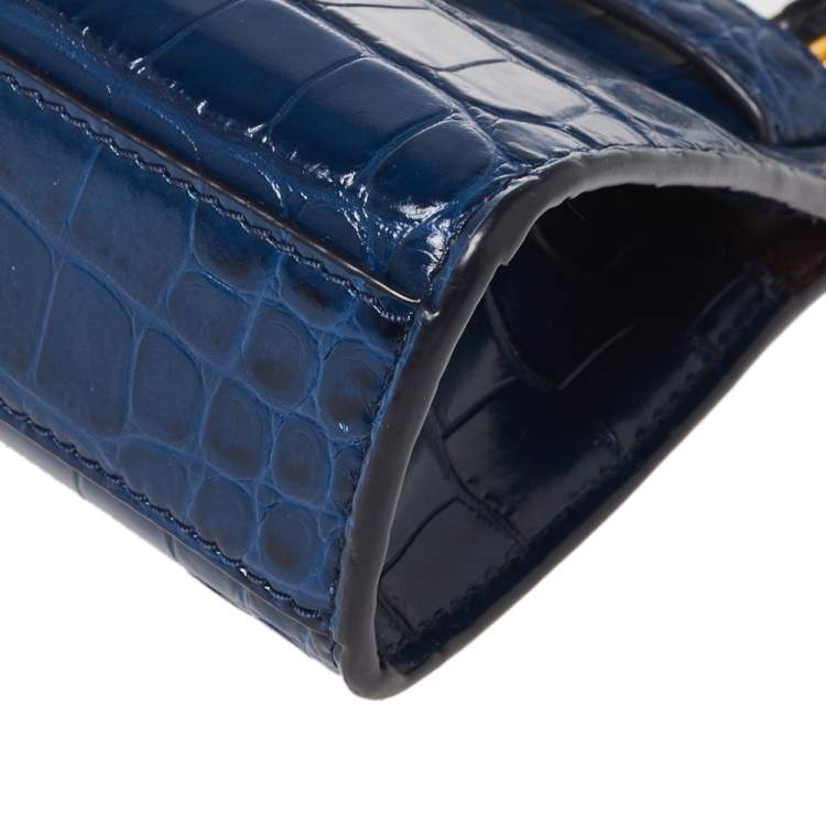 Pre Owned Tory Blue Croc Embossed Leather Petite Lee Radziwill Top Handle Bag