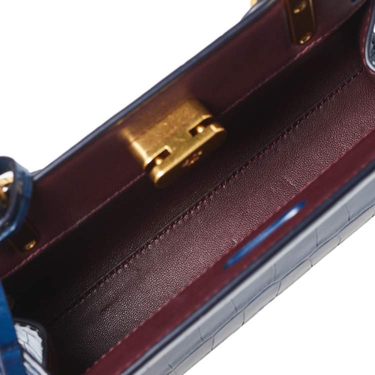 Pre Owned Tory Blue Croc Embossed Leather Petite Lee Radziwill Top Handle Bag