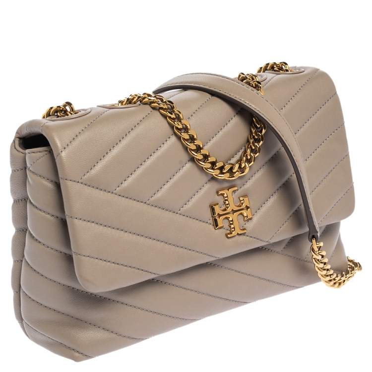 Pre Owned Tory Burch Grey Chevron Leather Small Kira Shoulder Bag