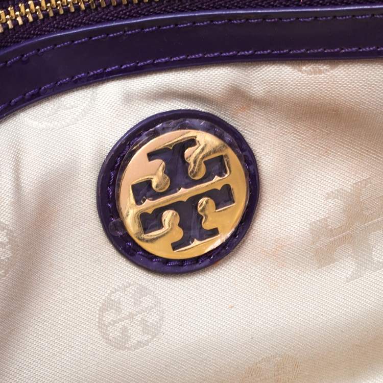 Pre Owned Tory Burch Purple Patent Leather Logo Embossed Flap Chain Clutch