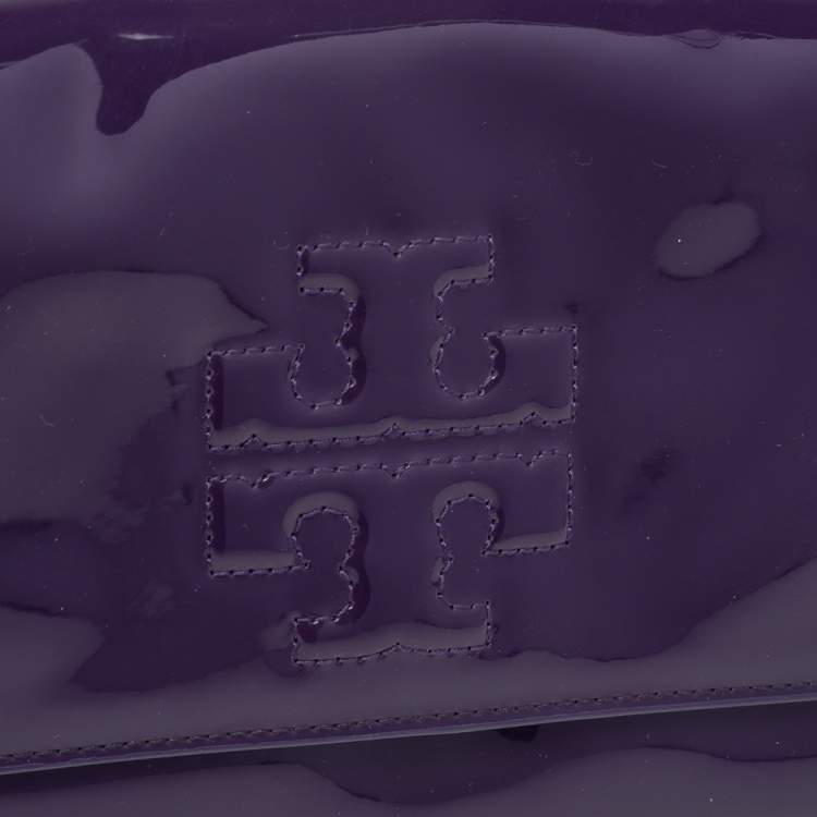 Pre Owned Tory Burch Purple Patent Leather Logo Embossed Flap Chain Clutch