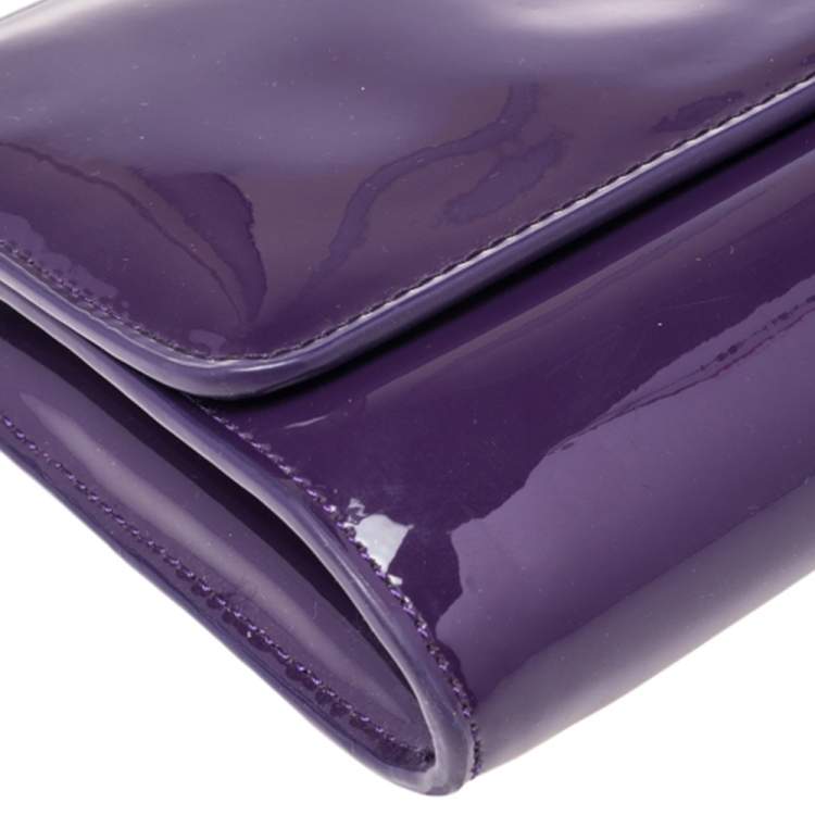 Pre Owned Tory Burch Purple Patent Leather Logo Embossed Flap Chain Clutch
