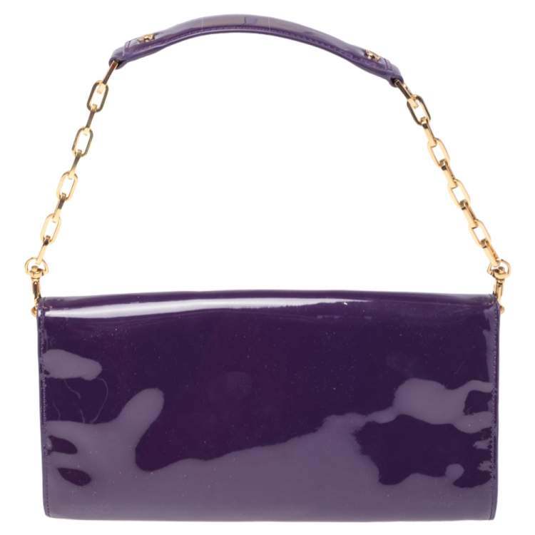 Pre Owned Tory Burch Purple Patent Leather Logo Embossed Flap Chain Clutch