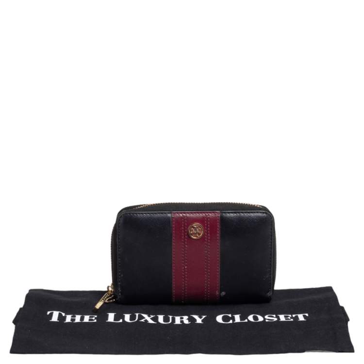 Pre Owned Tory Burch Black/Burgundy Saffiano Leather Zip Around Wallet