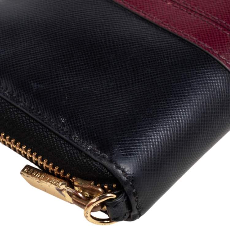 Pre Owned Tory Burch Black/Burgundy Saffiano Leather Zip Around Wallet
