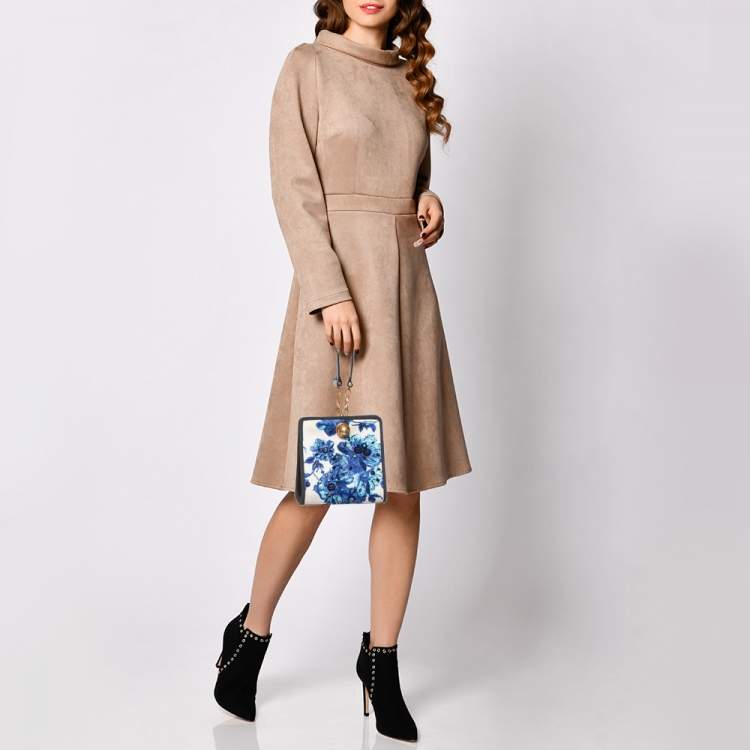 Pre Owned Tory Burch White/Blue Fabric And Nubuck Trim Darcy Embellished Clutch