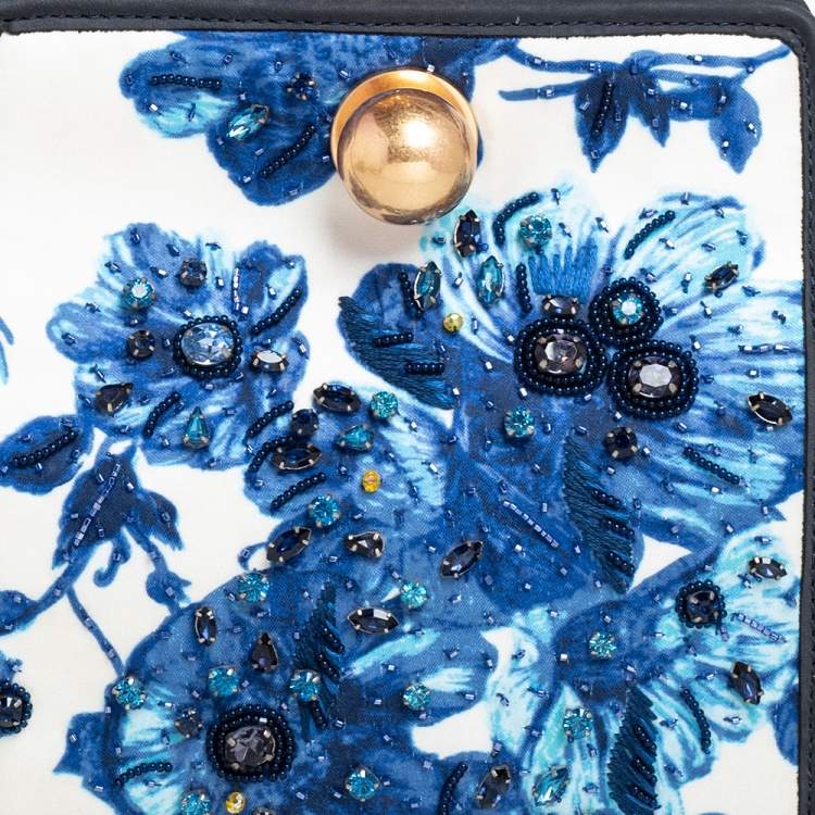 Pre Owned Tory Burch White/Blue Fabric And Nubuck Trim Darcy Embellished Clutch