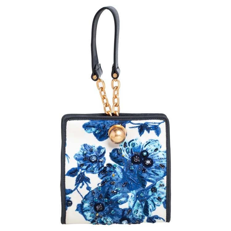 Pre Owned Tory Burch White/Blue Fabric And Nubuck Trim Darcy Embellished Clutch