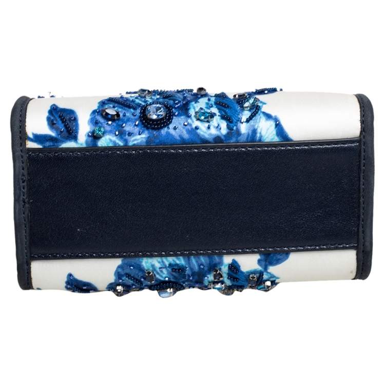 Pre Owned Tory Burch White/Blue Fabric And Nubuck Trim Darcy Embellished Clutch