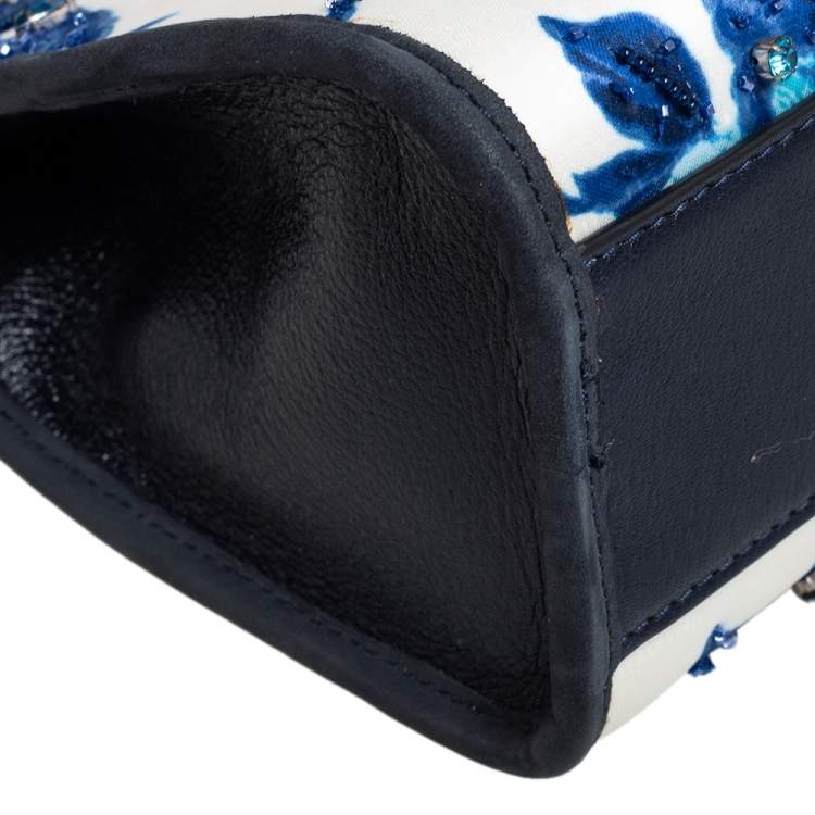 Pre Owned Tory Burch White/Blue Fabric And Nubuck Trim Darcy Embellished Clutch