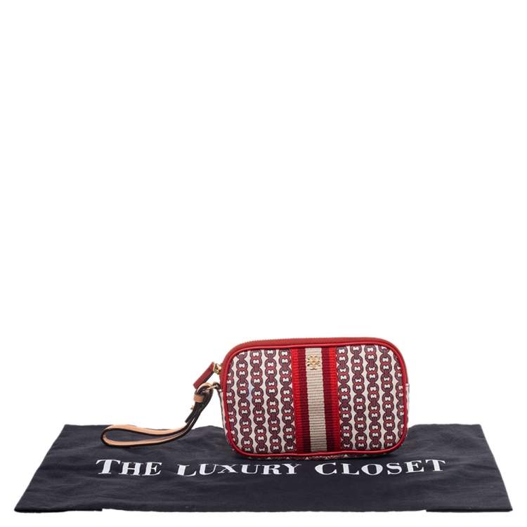 Pre Owned Tory Burch Beige/Red Coated Canvas And Leather Wristlet