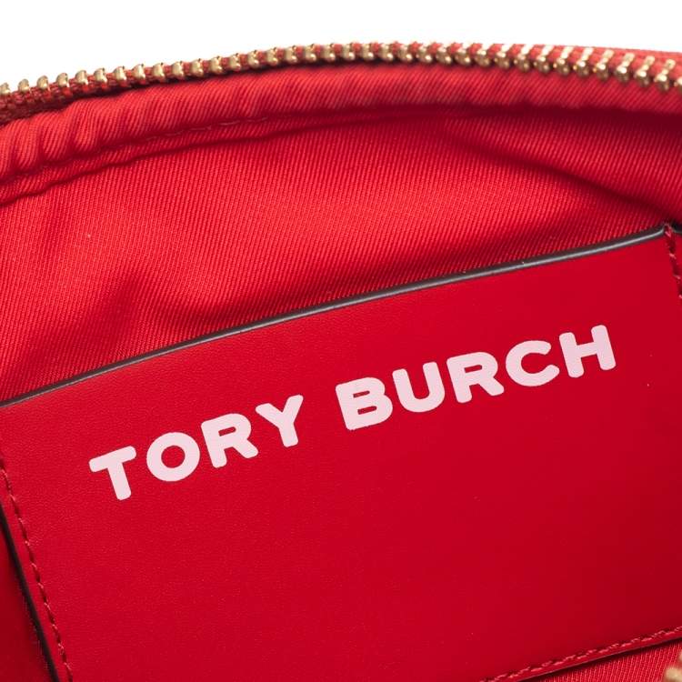 Pre Owned Tory Burch Beige/Red Coated Canvas And Leather Wristlet
