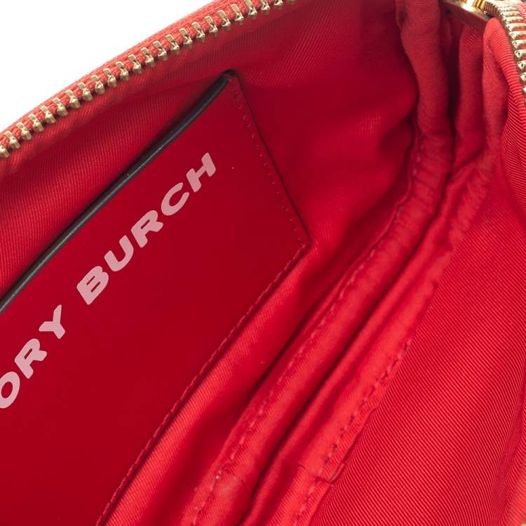 Pre Owned Tory Burch Beige/Red Coated Canvas And Leather Wristlet
