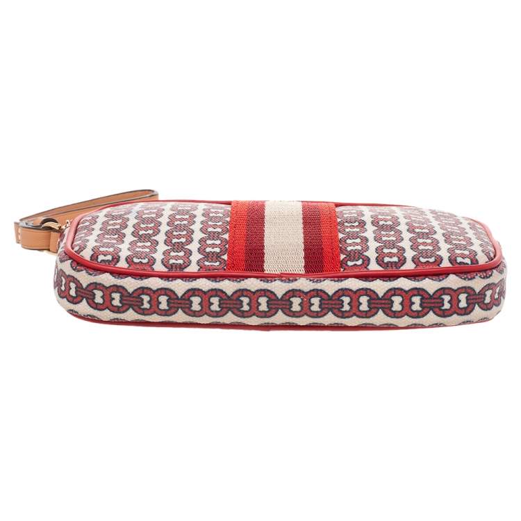 Pre Owned Tory Burch Beige/Red Coated Canvas And Leather Wristlet