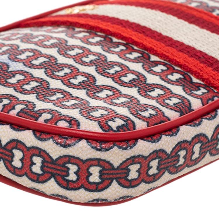 Pre Owned Tory Burch Beige/Red Coated Canvas And Leather Wristlet