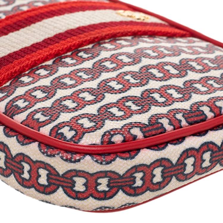 Pre Owned Tory Burch Beige/Red Coated Canvas And Leather Wristlet