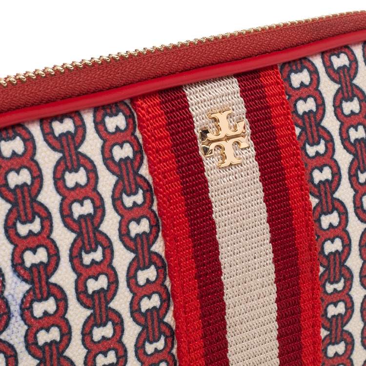 Pre Owned Tory Burch Beige/Red Coated Canvas And Leather Wristlet