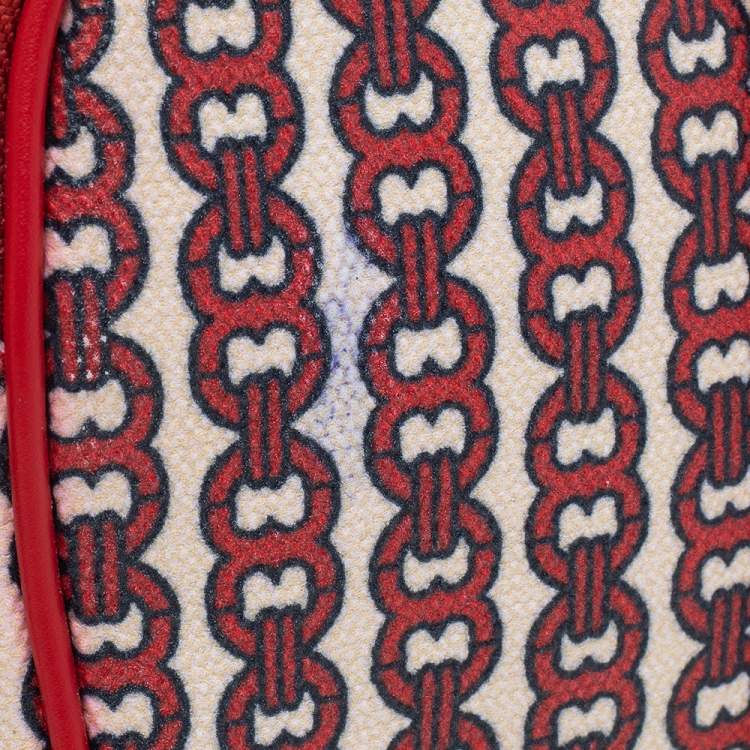 Pre Owned Tory Burch Beige/Red Coated Canvas And Leather Wristlet