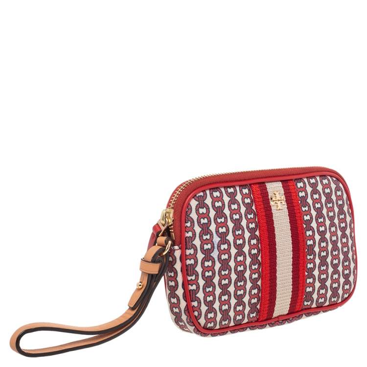 Pre Owned Tory Burch Beige/Red Coated Canvas And Leather Wristlet