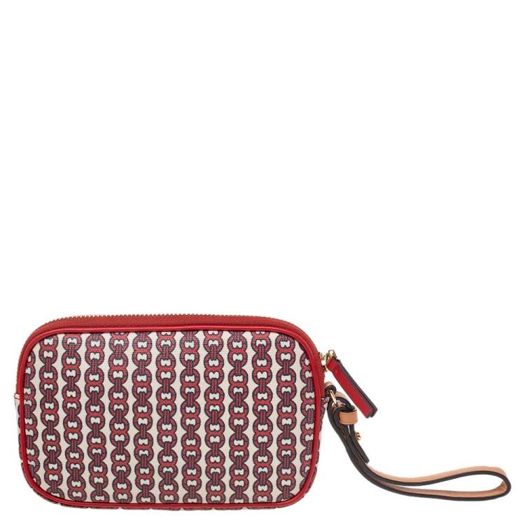Pre Owned Tory Burch Beige/Red Coated Canvas And Leather Wristlet