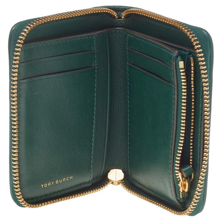 Pre Owned Tory Burch Green Leather Fleming Zip Around Wallet