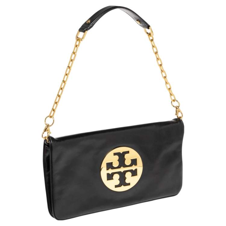 Pre Owned Tory Burch Black Leather Reva Chain Clutch