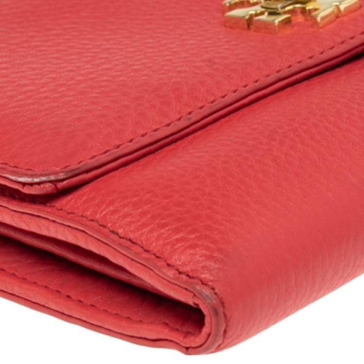 Pre Owned Tory Burch Coral Red Pebbled Leather Kira Crossbody Bag