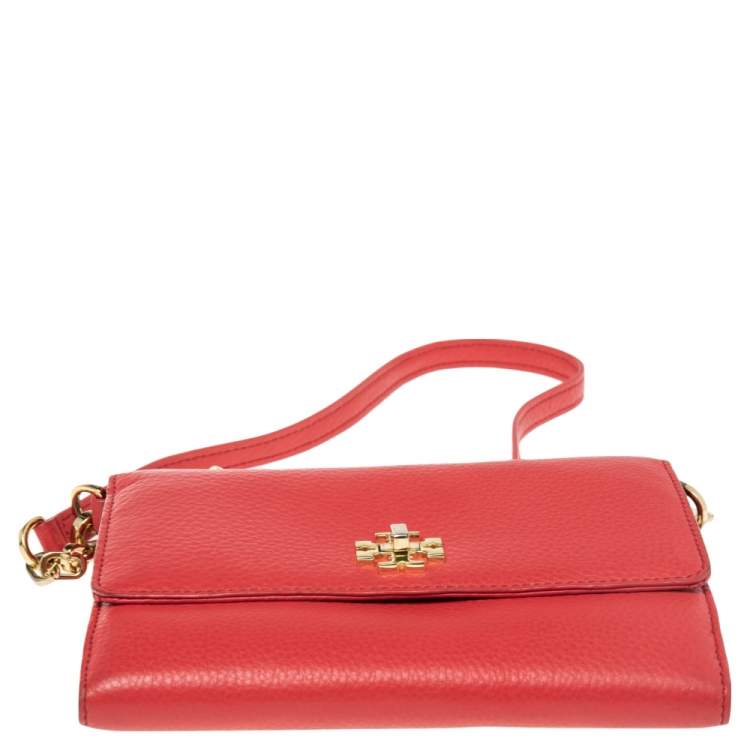 Pre Owned Tory Burch Coral Red Pebbled Leather Kira Crossbody Bag