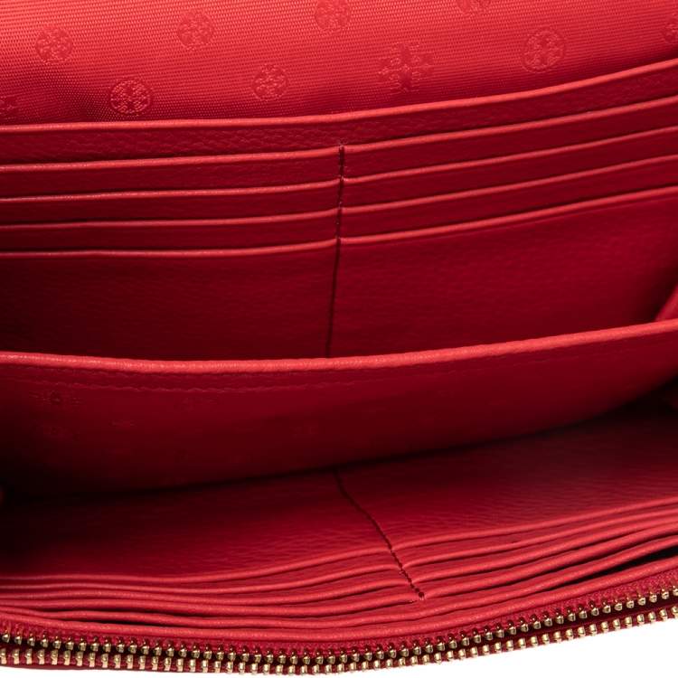 Pre Owned Tory Burch Coral Red Pebbled Leather Kira Crossbody Bag