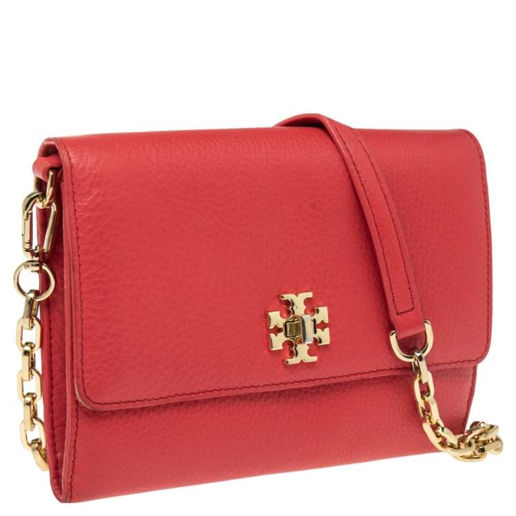Pre Owned Tory Burch Coral Red Pebbled Leather Kira Crossbody Bag
