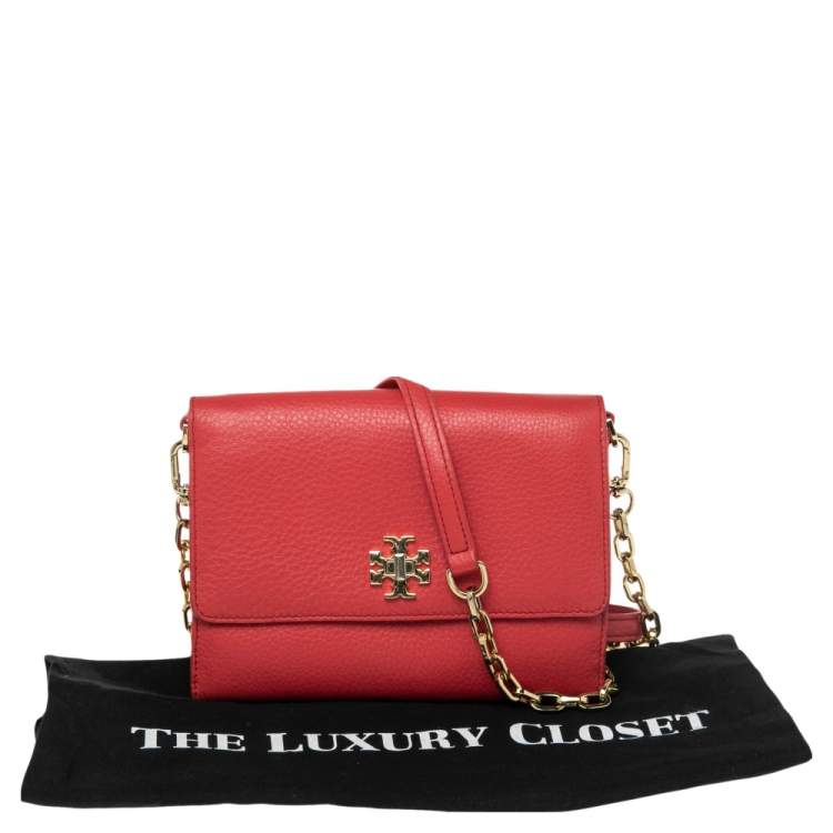 Pre Owned Tory Burch Coral Red Pebbled Leather Kira Crossbody Bag