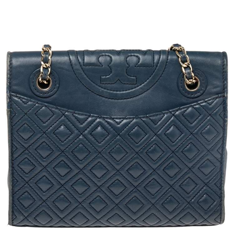 Pre Owned Tory Burch Blue Leather Medium Fleming Shoulder Bag