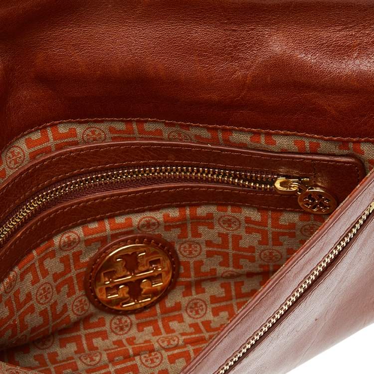Pre Owned Tory Burch Brown Leather Reva Flap Clutch
