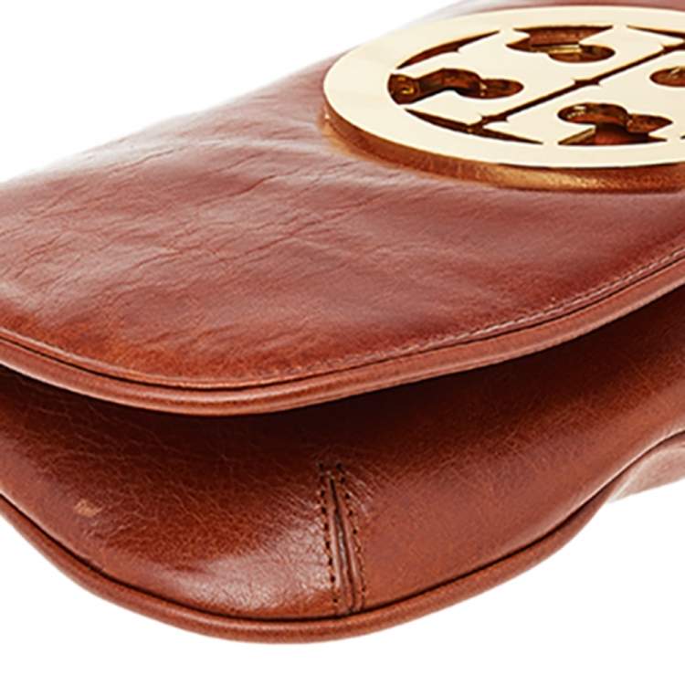 Pre Owned Tory Burch Brown Leather Reva Flap Clutch