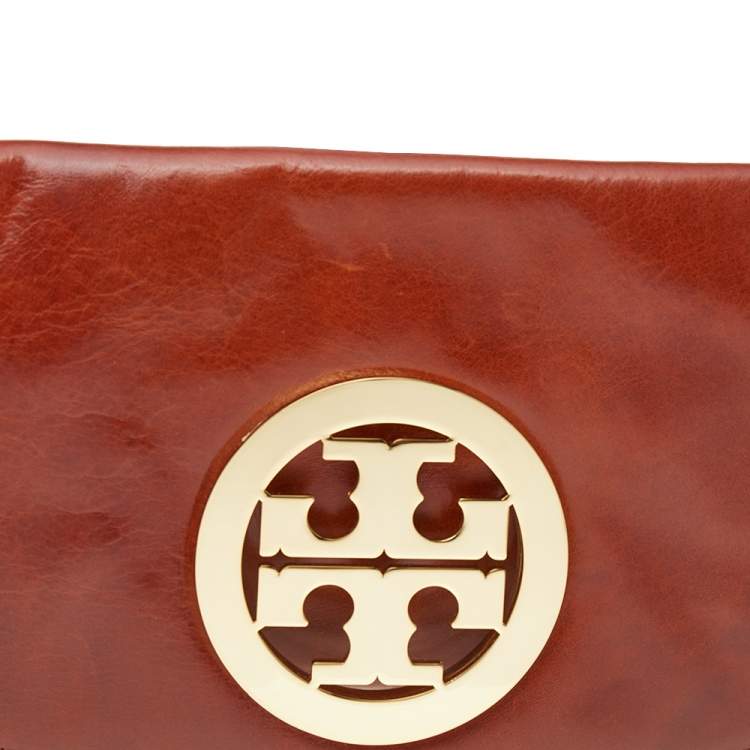 Pre Owned Tory Burch Brown Leather Reva Flap Clutch