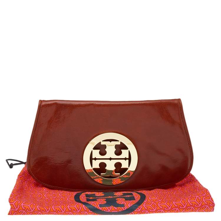Pre Owned Tory Burch Brown Leather Reva Flap Clutch