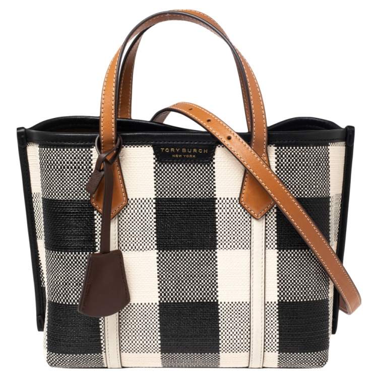 Tory Burch Black/Ivory Woven Fabric And Leather Perry Gingham Small Tote  Tory Burch | TLC