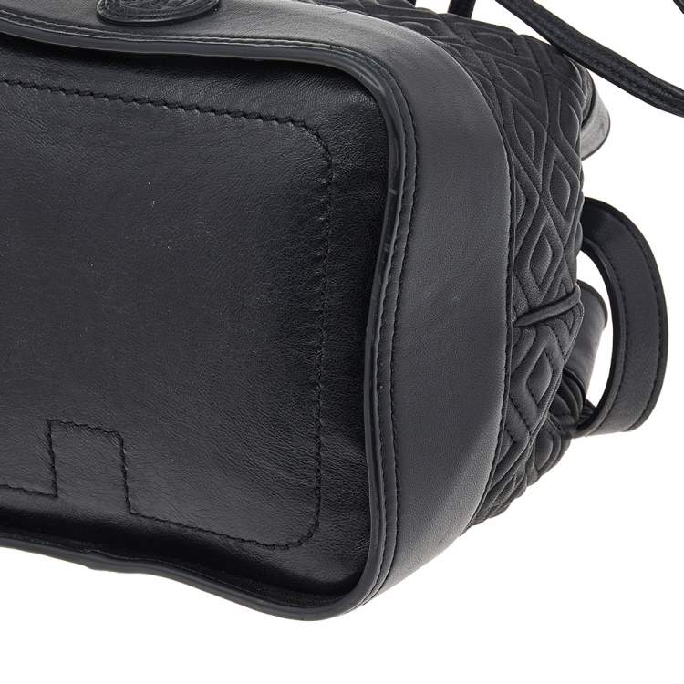 Pre Owned Tory Burch Black Leather Drawstring Bucket Bag