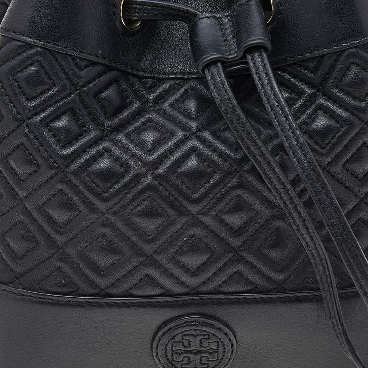 Pre Owned Tory Burch Black Leather Drawstring Bucket Bag